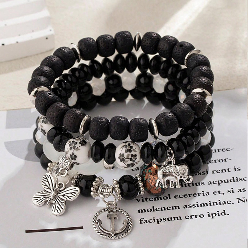 Bohemian Layered Beaded Bangles Elephant Anchor Butterfly Shape Pendant Stretch and Stackable Jewelry Hand Jixiang Bohemian Layered Beaded Bangles Elephant Anchor Butterfly Shape Pendant Stretch and Stackable Jewelry Hand Jixiang