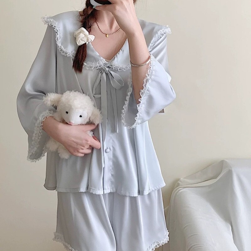 Palace-Style Girl Yuyan Sweet French Ice Silk Satin Summer Ice Silk Lace Pajamas Home Wear Suit Shorts