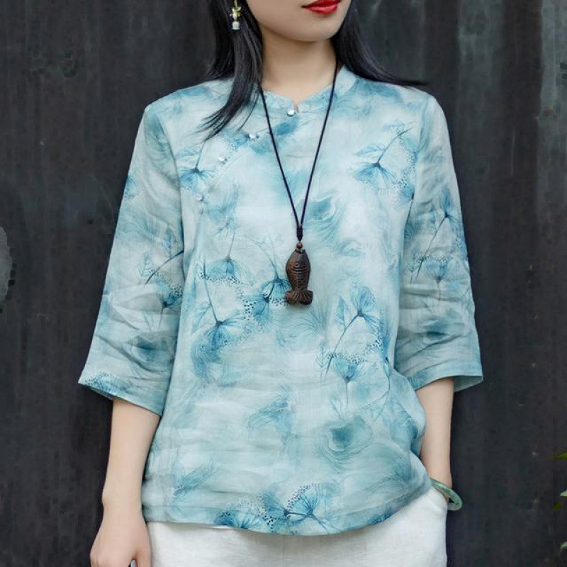 夏季新款亚麻上衣女中袖中式改良款宽松偏襟民国复古印花衬衫女装