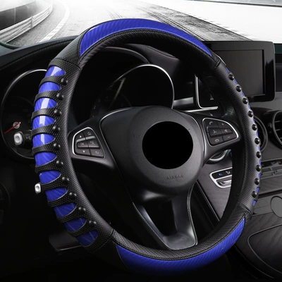 Steering wheel cover — leather nails non-slip wear-resistant massage - dark-blue-38cm