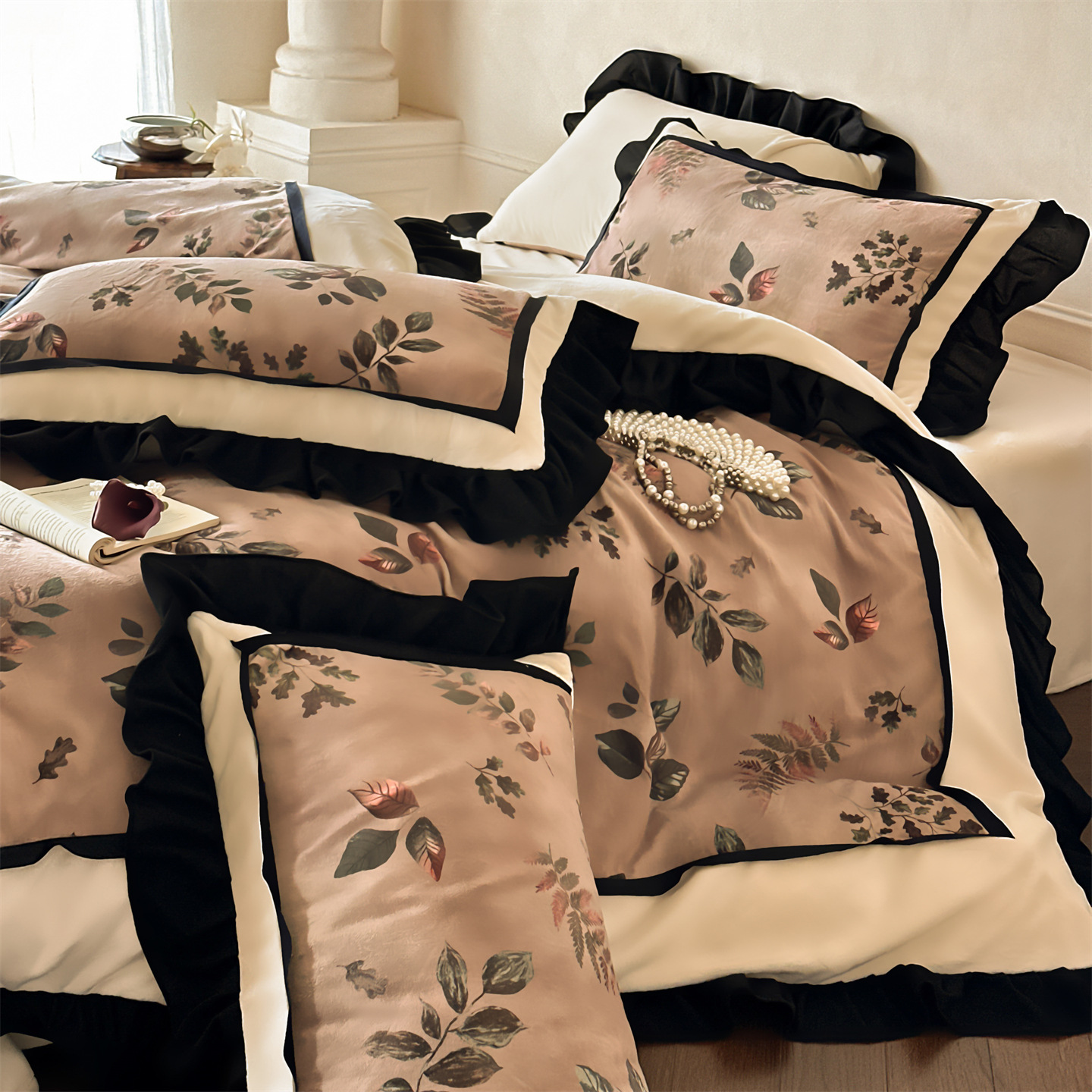 Conjunto de cama vintage nórdico francês boho clássico outono inverno veludo grosso e quente cor leite renda francesa quatro peças com lençol e edredom_voghion.com