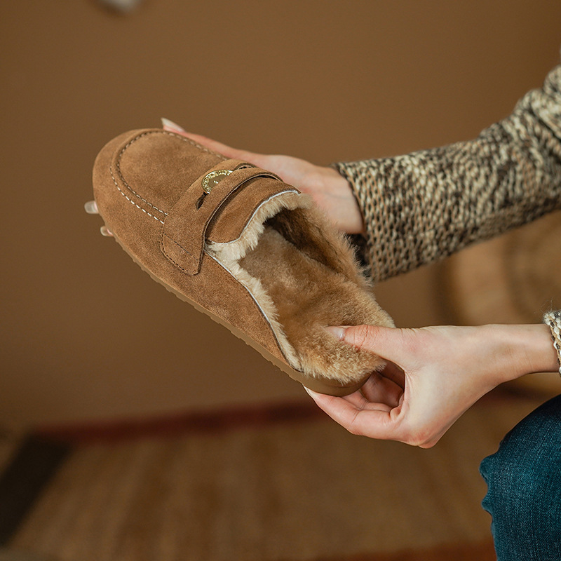 Cowhide Fur Slippers Fleece-Lined Warm Lamb Wool 2025 New Winter Outer Snow Boots Flats Mules