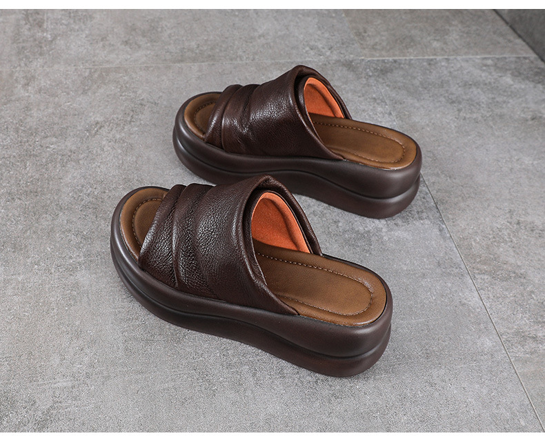 Dép sandal nữ đế xuồng cao gót da bò thật — màu be chi tiết 12