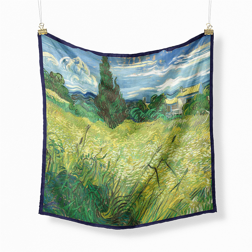 Fashion Van Gogh oil painting country green field ladies twill small square scarfpicture1