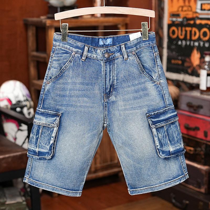 Men's six-pocket cargo denim shorts, loose straight leg, five-point length, 2025 new style, plus size, half-length, five-point shorts.