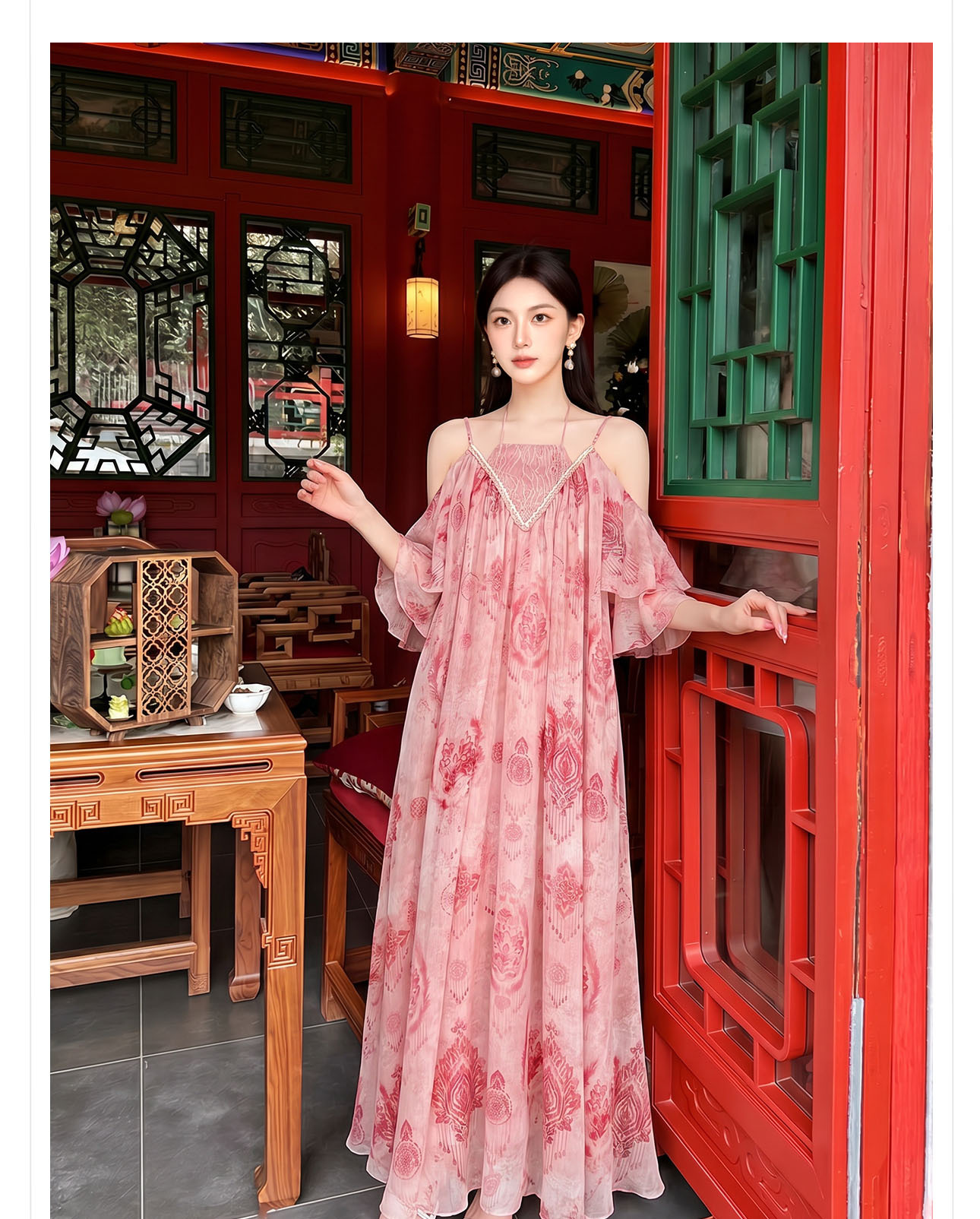 Đầm maxi nữ thắt eo ren cổ yếm phong cách Tây Mễ Á — Bột Lệ, Thuốc lá xanh chi tiết 5