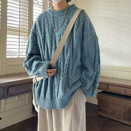 Japanese-style loose cabled sweater for men and women, outerwear couple's Korean design, lazy style, Hong Kong style, round neck knitted jacket for men