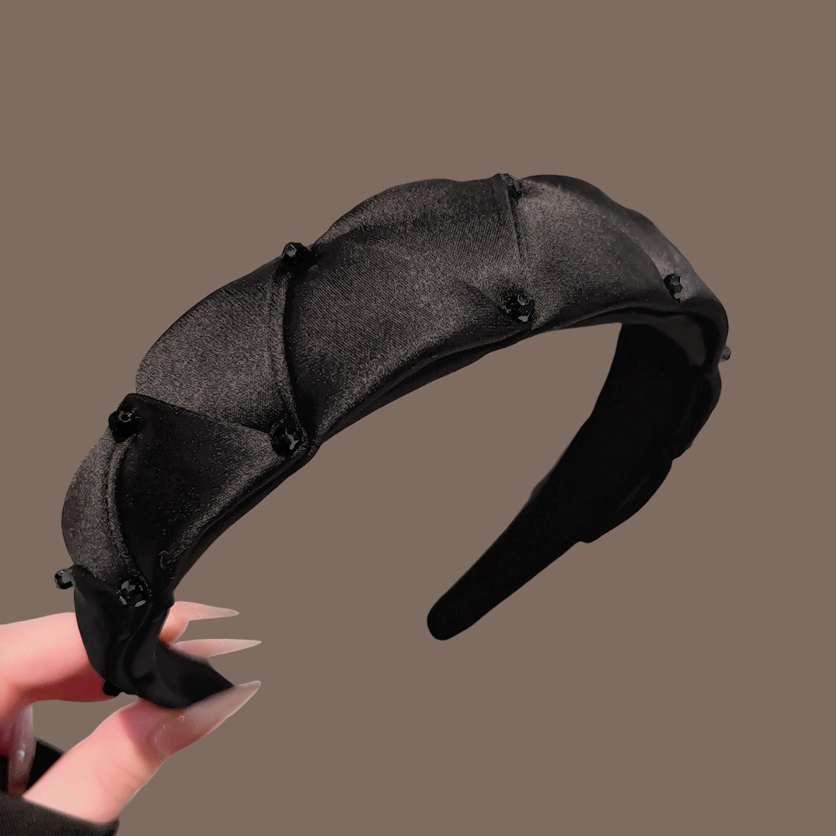 Black silk rivet rhinestone geometric headband