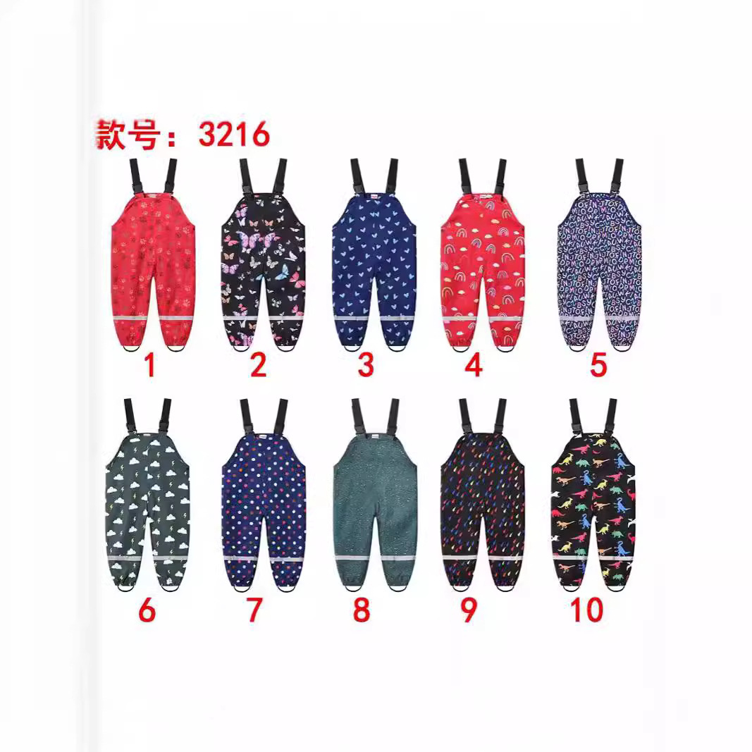 New style children's water play pants, boys' and girls' overalls, multi-color printed rain pants, outdoor waterproof pants wholesale