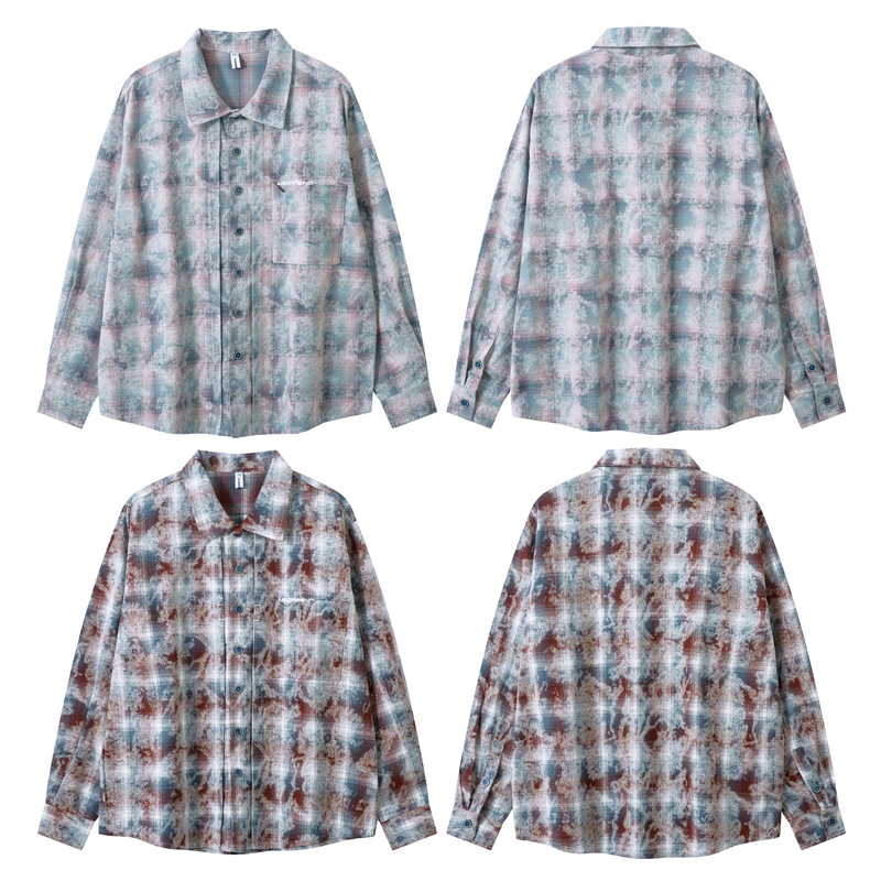 Herrenbekleidung Street Vintage Tie-Dye Plaid Loose Shirt Trendy Brandneues Jugend Casual All-Match-Shirt_voghion.com