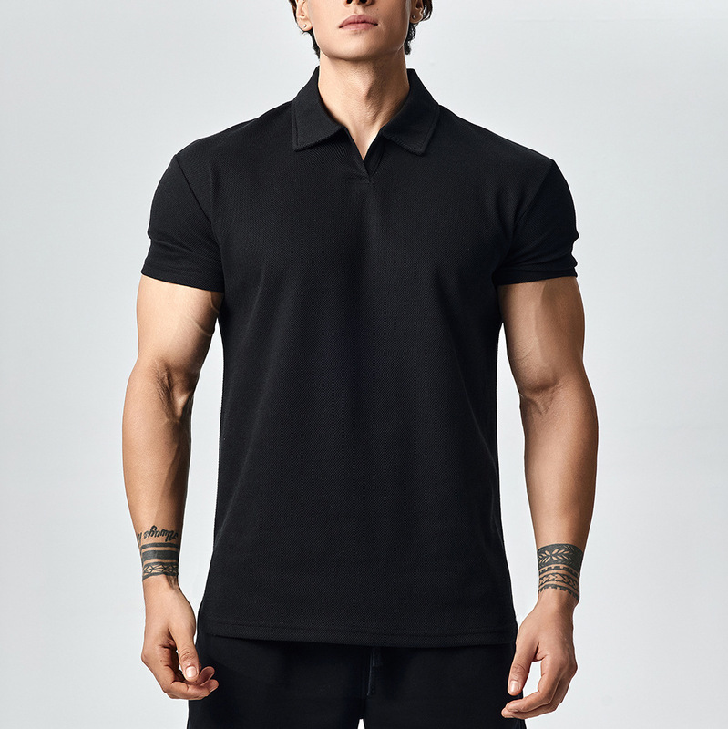 GYM Summer Cuff Figure Henry Shirt Men's Sports Leisure Fitness Training Fine Mesh Short-sleeved T-shirt Clothes