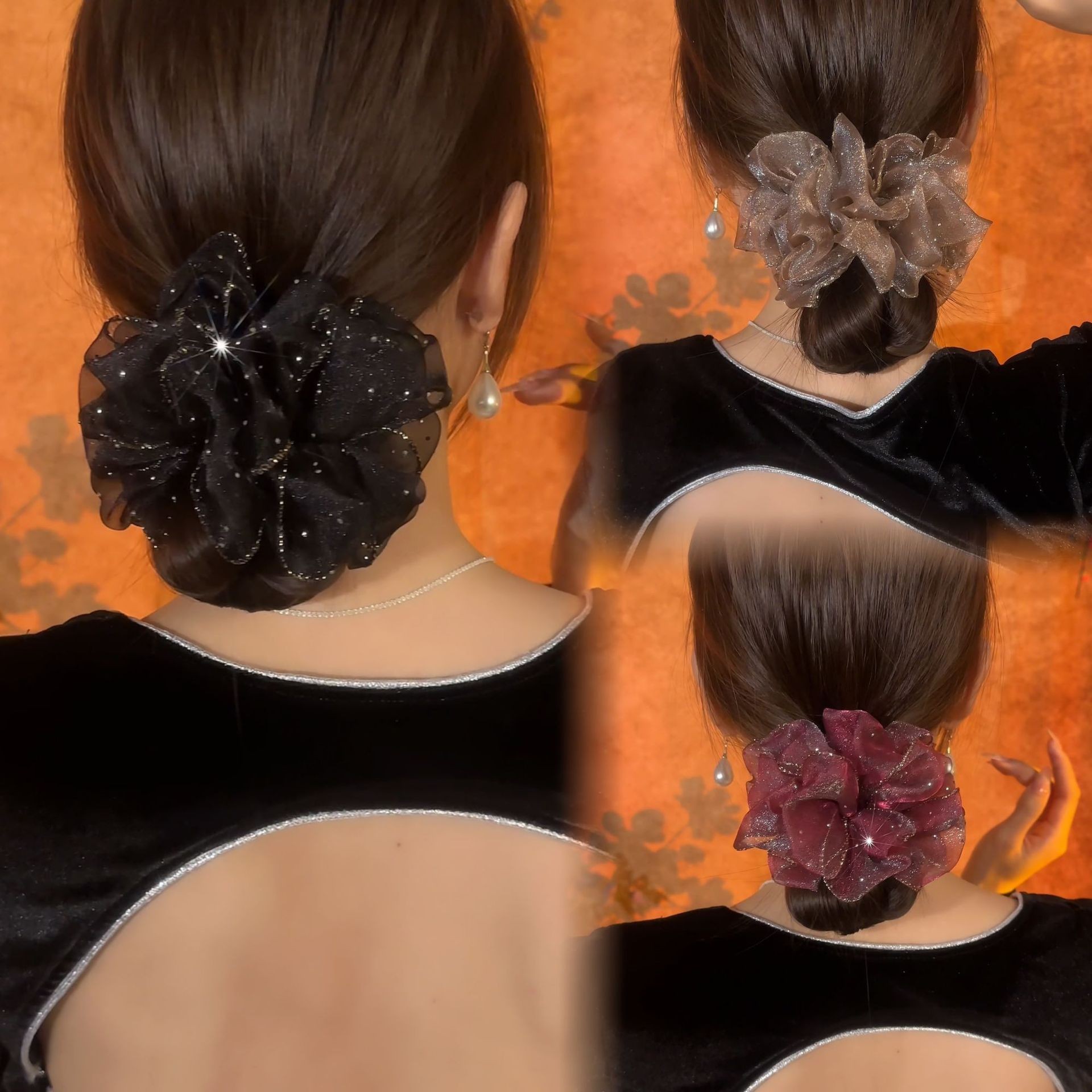 Chouchou élégant à motif de bouton de fleur noir et ciel étoilé, élastique haute élasticité pour chignon, chouchou, corde à cheveux_voghion.com