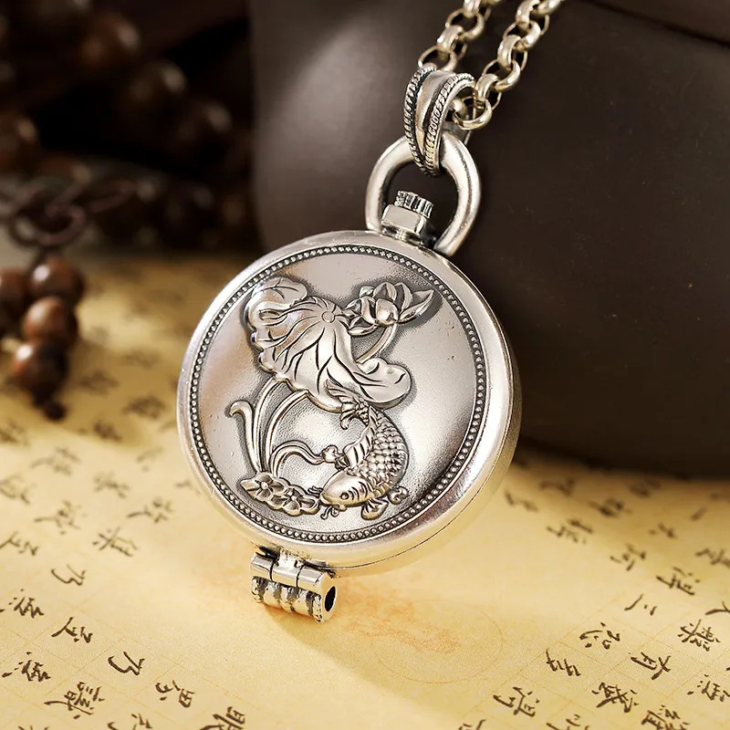 S999 pure silver personalized Lotus carp retro Buddhist eight treasures retro gawu box pendant pendant sweater chain