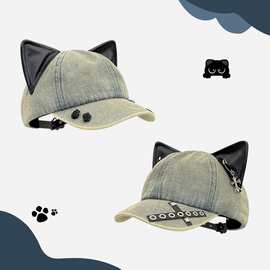 甜酷猫耳朵复古牛仔棒球帽子女y2k亚文化暗黑辣妹显脸小鸭舌帽潮