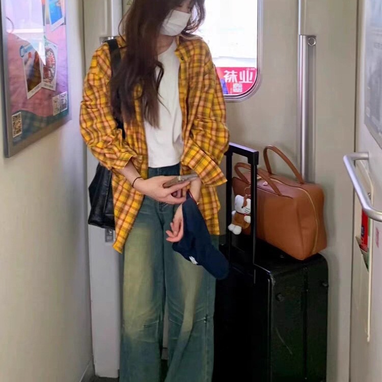 American-Style Yellow Plaid Shirt for Women, Retro Couple Top, New Dopamine Shirt Jacket for Spring, Loose and Casual