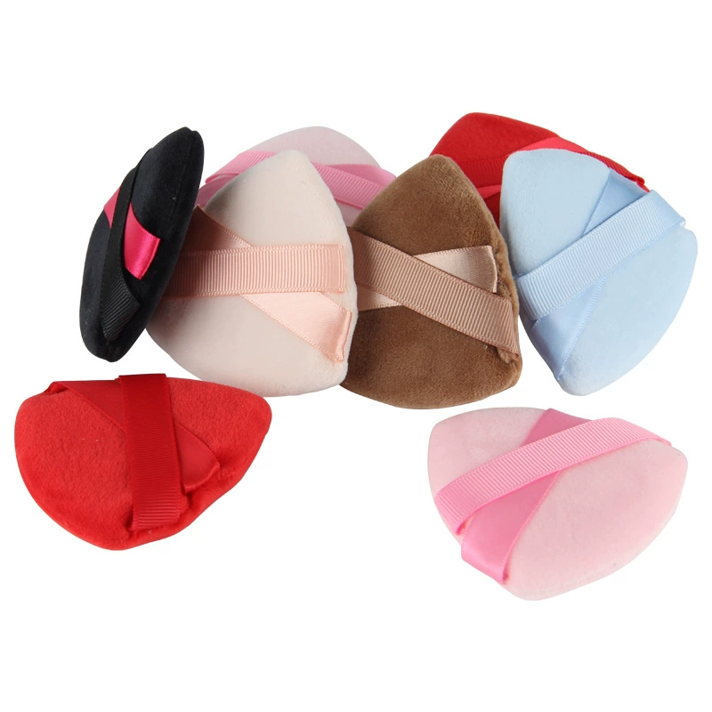 Triangular Powder Puff Sponge, Ribbon Grip, Soft Velvet, Multi-Color (2–Box/OPP Options)