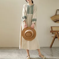 Летнее платье с длинными рукавами, корейский стиль, plus size, вышитый круглый воротник, беж/зелёное