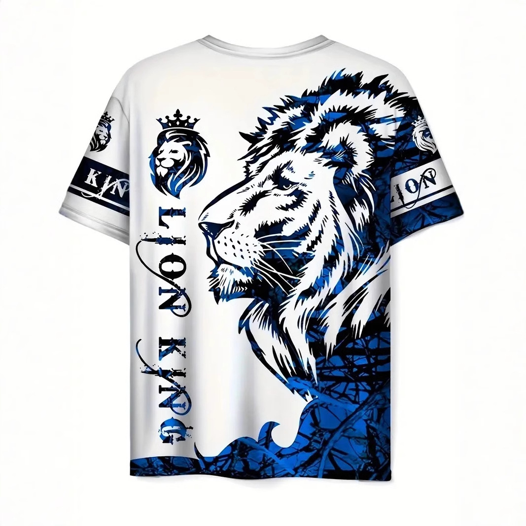 Moda todo fósforo colorido león KING lema estampado 3D hombre suelto transpirable manga corta hombro recto cuello redondo camiseta