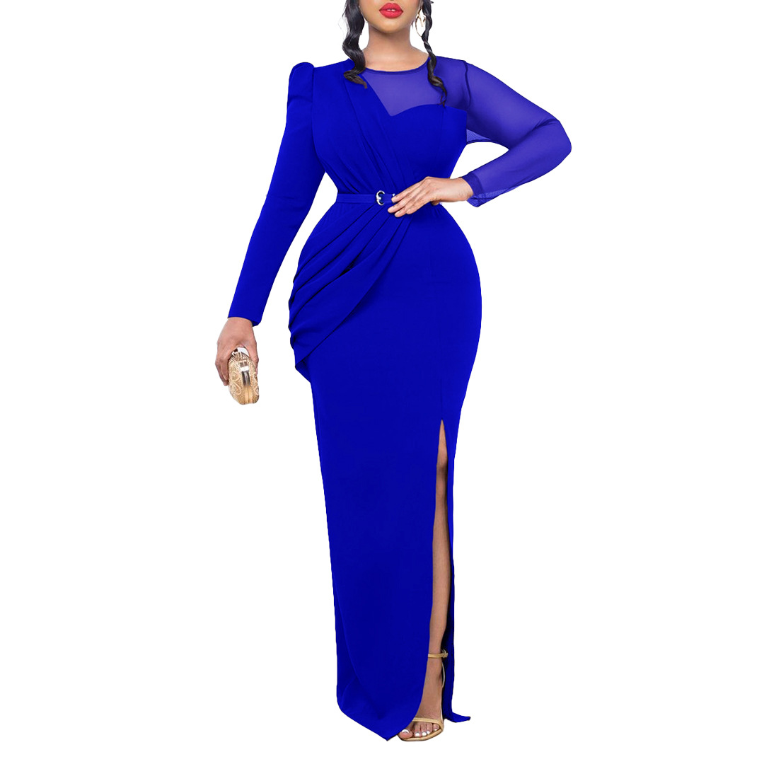 Damen Abendkleid Mit Langarm Und Mesh-einsatz Elegantes Festkleid_voghion.com