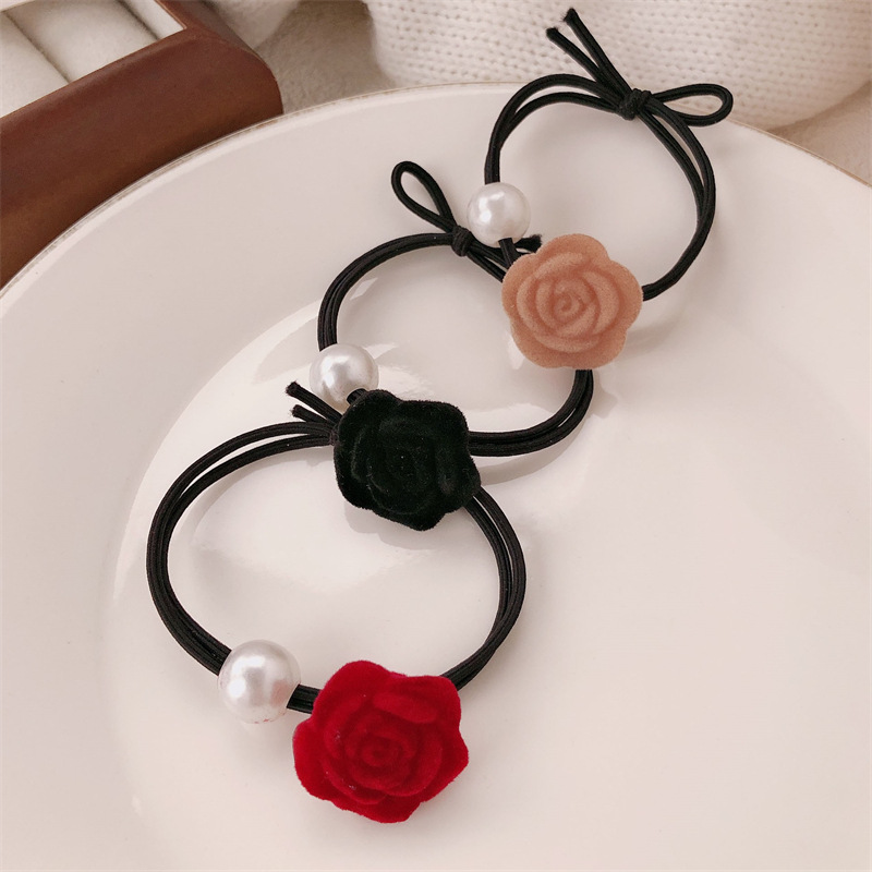 Temperamento francés retro perla flor rosa cuerda para el cabello lazo para el cabello de alta elasticidad cuerda para el cabello de cola de caballo banda de goma accesorios para el cabello femenino