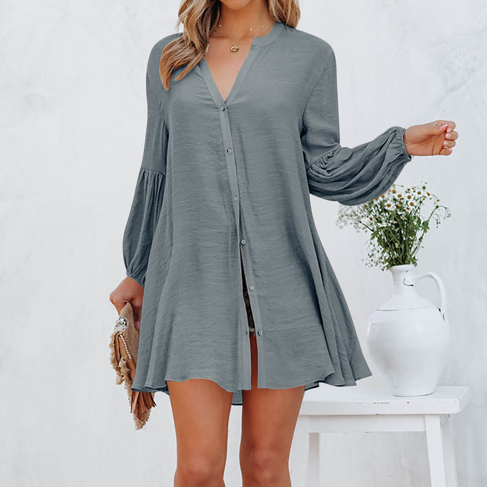 V Neck Neckline Loose Version Wholesale Women'S Elegant Patchwork Button Solid Color Street V Neck Long Sleeve Shirt Dress