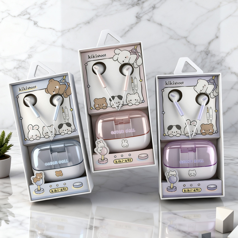 Kiki 491 in-ear 3.5mm round hole pin cute teenager cartoon storage box student fashion headphones