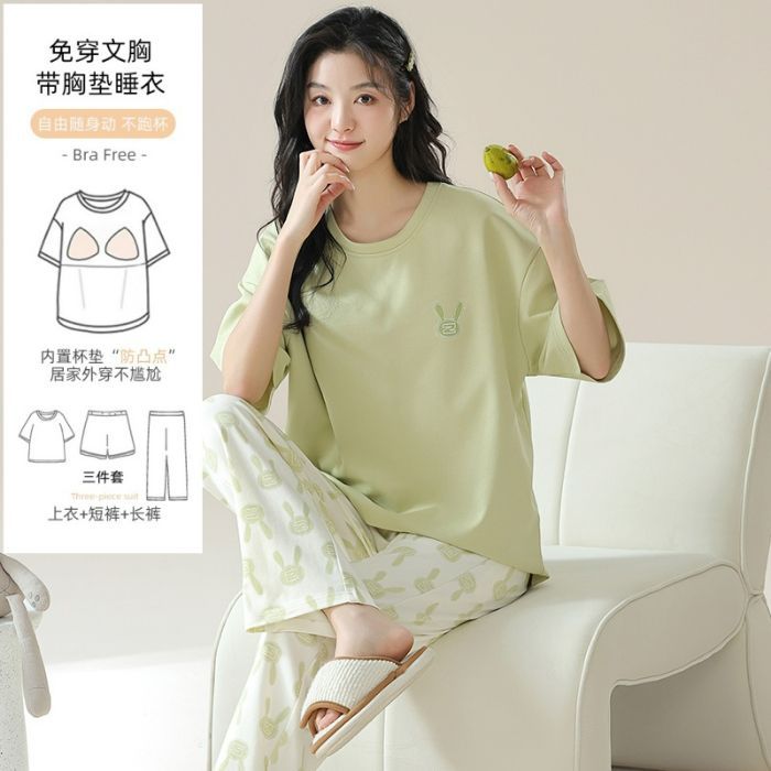 Pantalones de manga corta para mujer de verano, pantalones cortos, pijamas de cuello redondo de tres piezas, algodón de imitación, almohadillas para el pecho, estilo casual cómodo, suave y simple