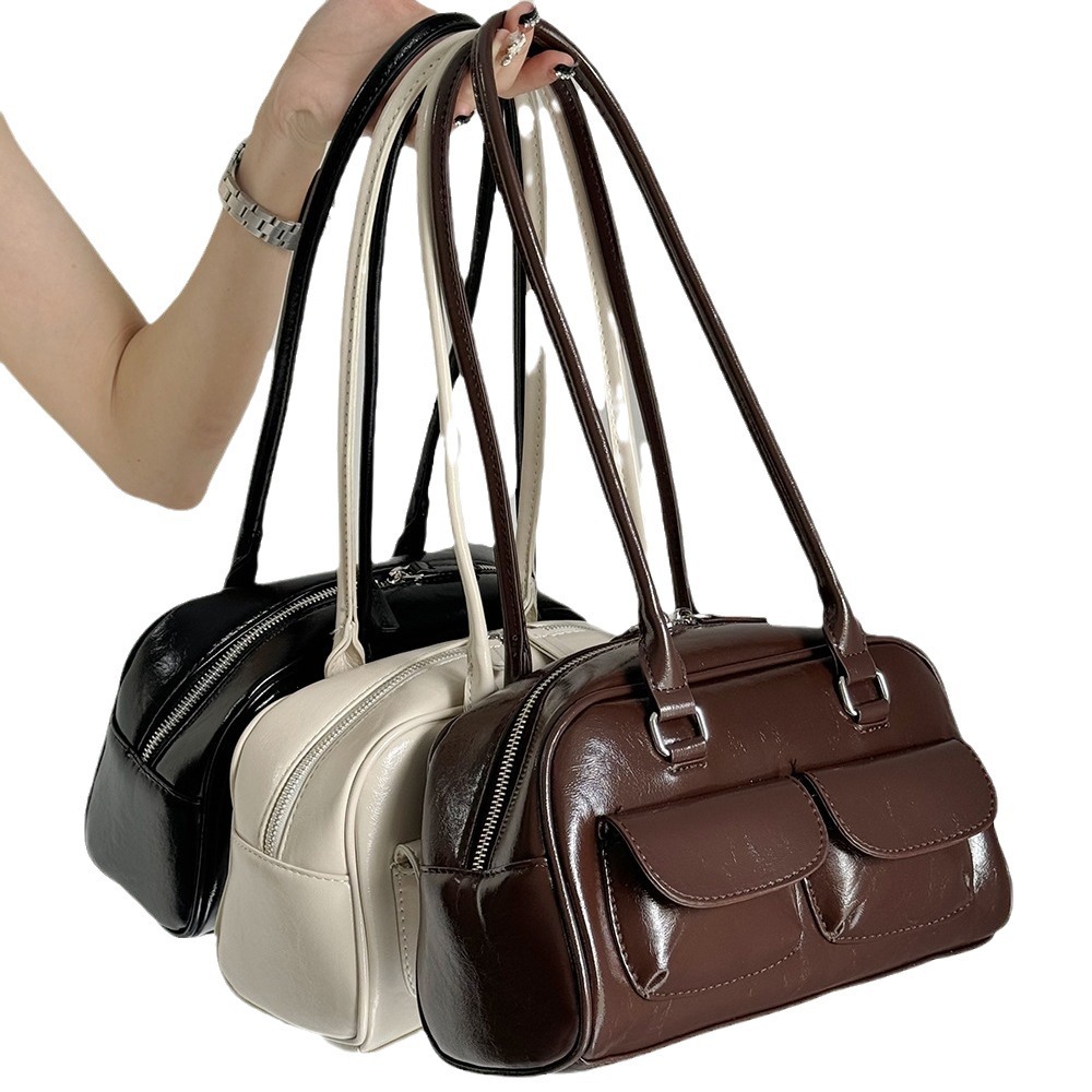 Korean Style New Bowling Bag Handbag - Niche Retro Underarm Bag With Large Capacity And Small Pocket Design For Women - Thumbnail 5
