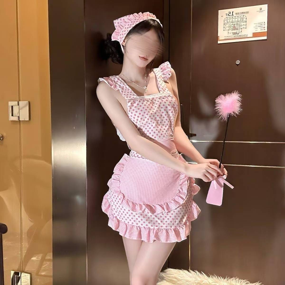 Pink Polka Dot Maid Apron Set with Headscarf, Sheer Polyester Roleplay Uniform — detail image 6