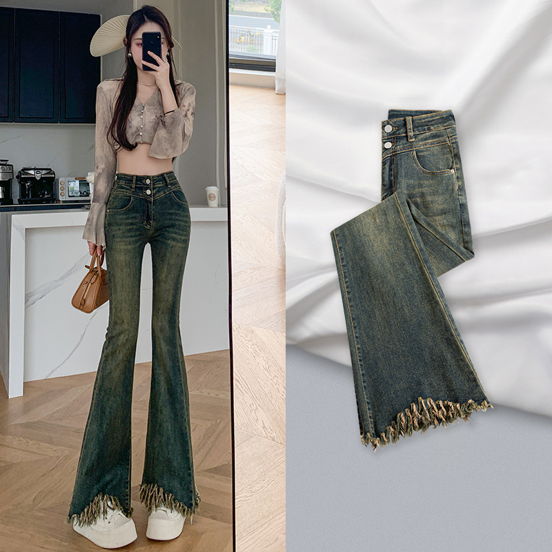 Double-Buckle Tassel Cement Ash Weak Jeans Women's Spring and Autumn High Waist V-shaped Waist Head Fringe Nostalgic Floor Trousers