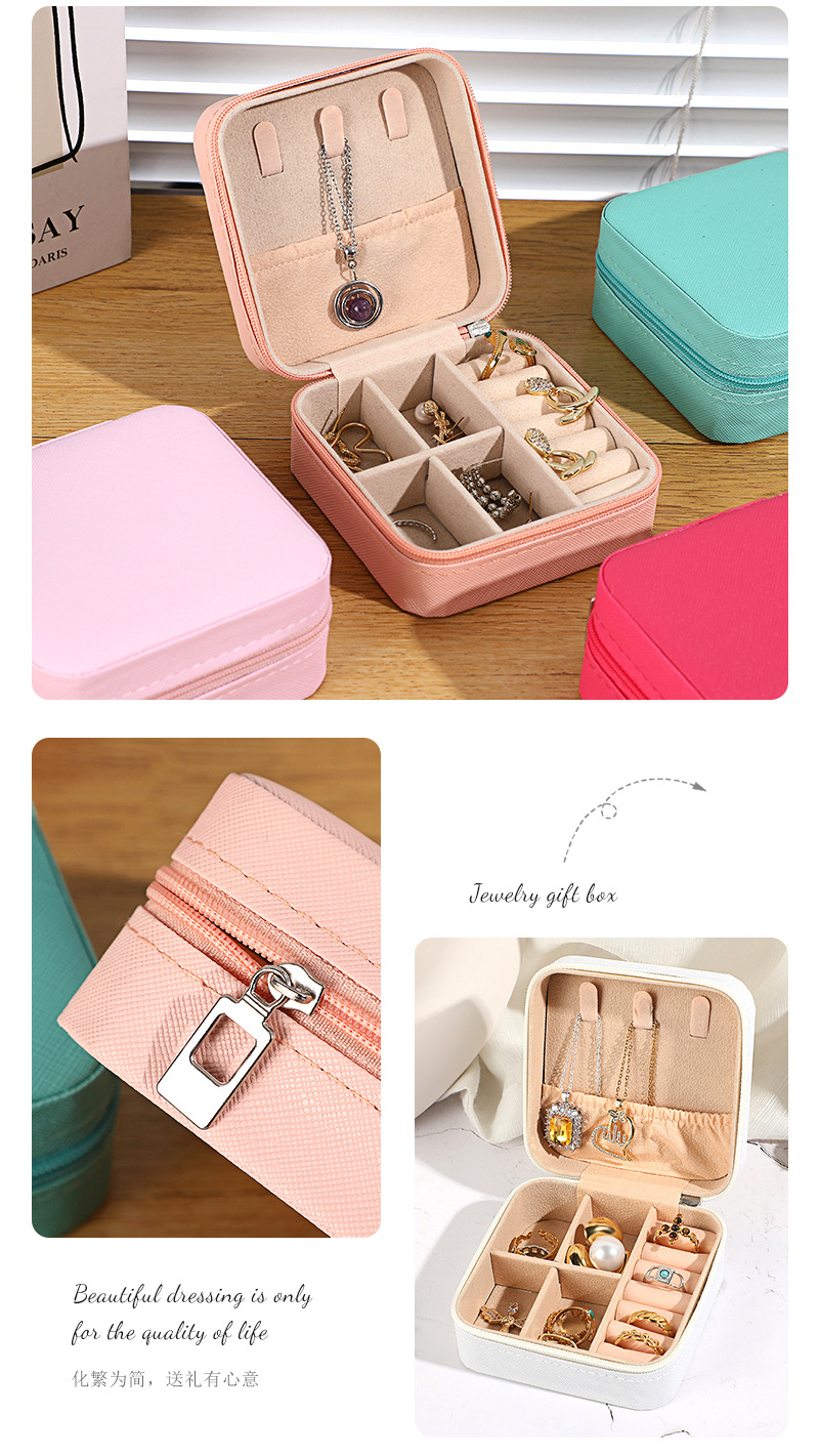 Cross-border mini jewelry box portable earring PU leather storage box travel ring necklace zipper bag personalization
