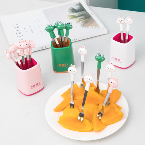Fruit fork cartoon animal set stainless steel household children's safety fruit sign moon cake snack portable small fork