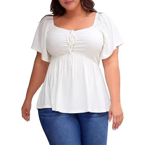 Women's Short-Sleeved Heart-Shaped Collar Top, Plus Size Women's Short-Sleeved Heart-Shaped Collar Top, Plus Size