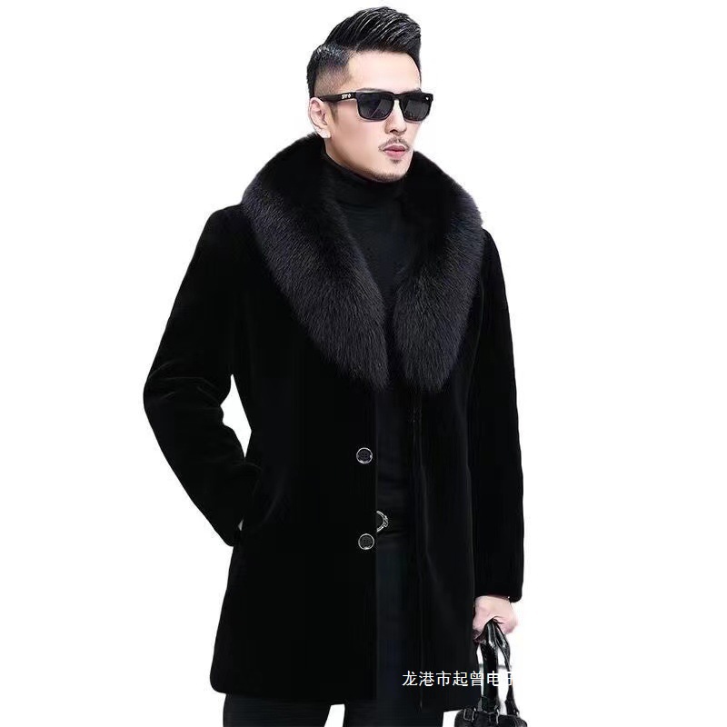 Men's long mink coat, Haining style, mink and fox fur collar, new winter style, thickened, loose fit, warm.