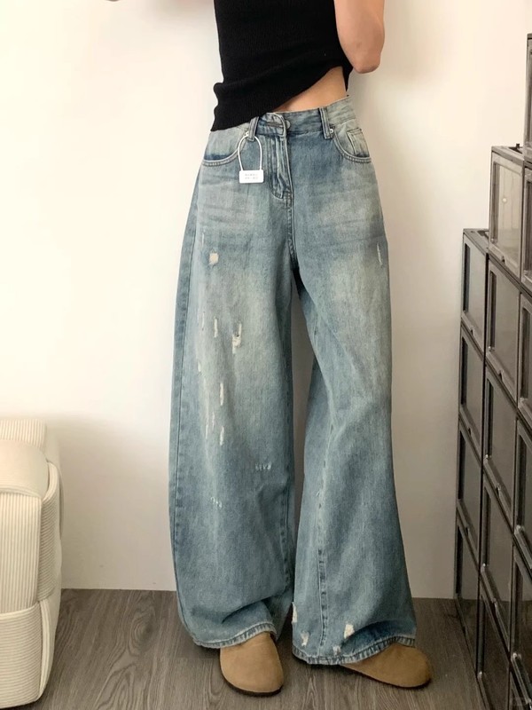 美式复古高腰蓝色牛仔裤女春季2025新款显瘦直筒裤宽松拖地阔腿裤|undefined