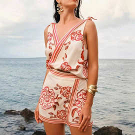 欧美跨境2025亚马逊独立站夏季热卖新款V领印花上衣裤裙两件套女