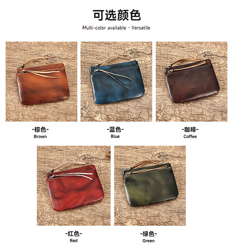 Ví đựng tiền xu da thật phong cách retro, da bò lớp một thuộc thực vật, kiểu dáng nhỏ gọn — nâu chi tiết 17