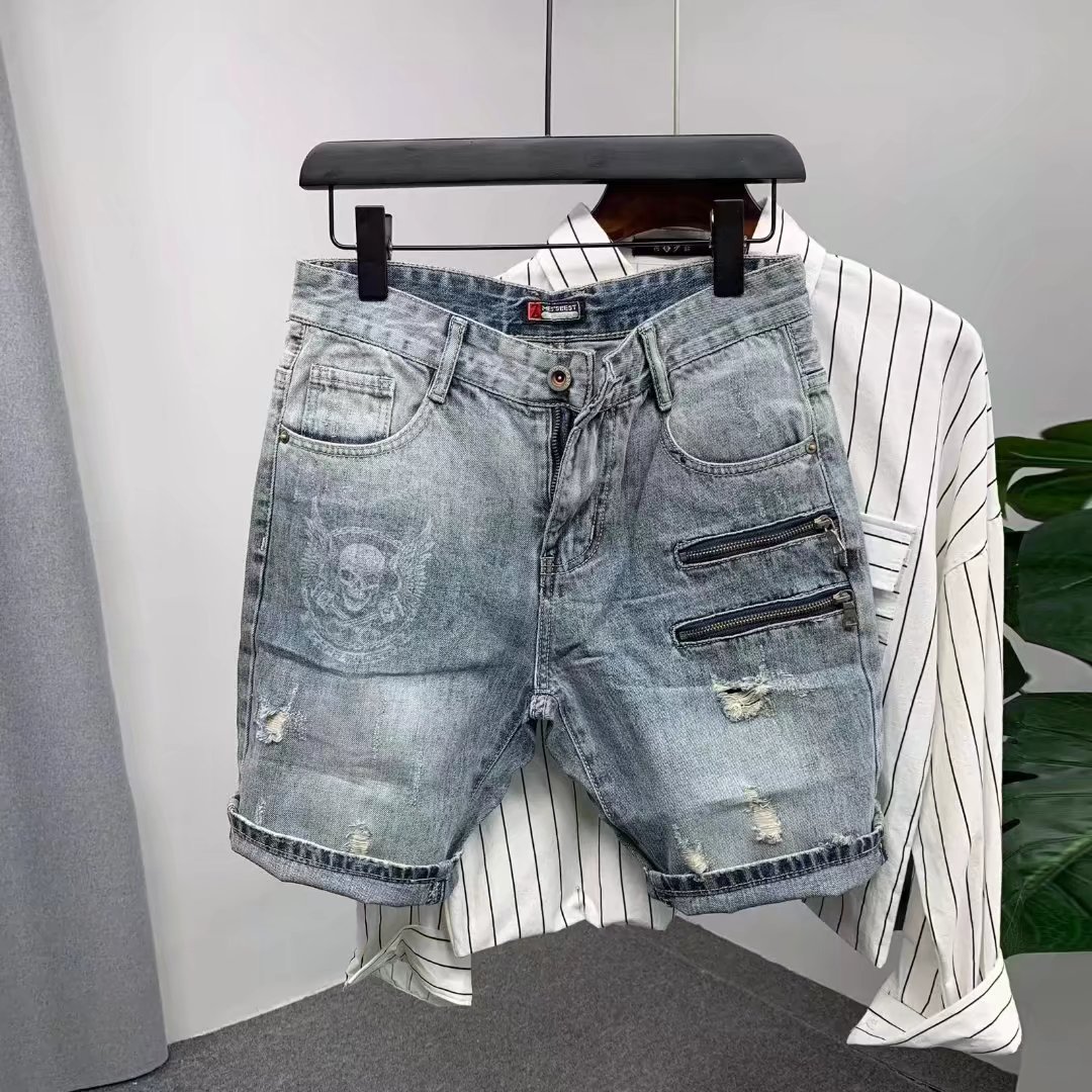 Men's Denim Shorts Summer Short-sleeved Thin Loose Trendy Brand Half-length Pants Korean-style Stretch 5