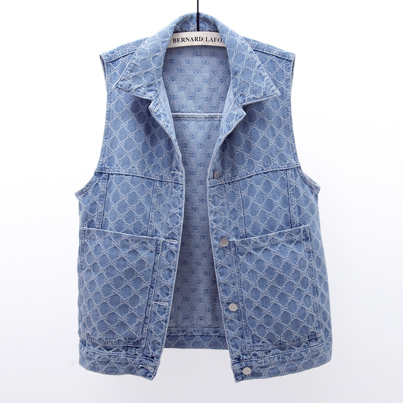 2025 Spring and Autumn Versatile Embroidered Jacquard Large Pocket Denim Vest Women's Patterned Sleeveless Jacket Vest Top Coat
