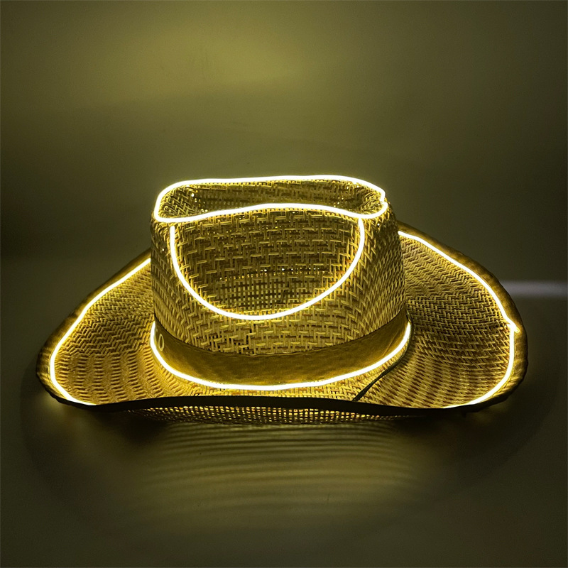 #614-3 3V无线款-草帽发光牛仔帽(翘沿卡其)(黄色)