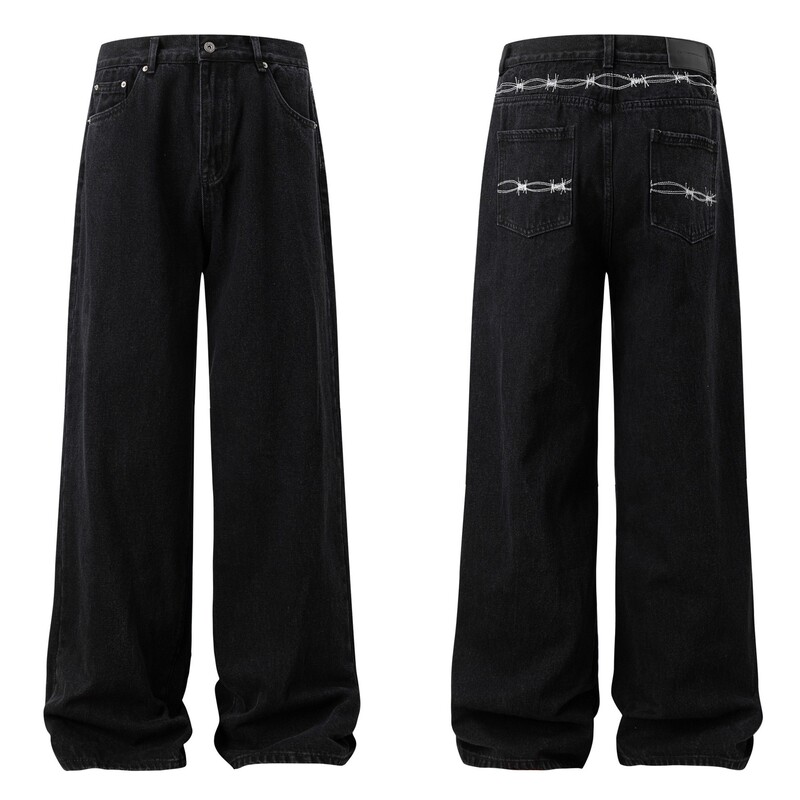 Black Denim Jeans with Thorn Embroidery for Men, Straight Loose Fit, American Style Cleanfit Pants, Trendy Versatile Flared Pants Black Denim Jeans with Thorn Embroidery for Men, Straight Loose Fit, American Style Cleanfit Pants, Trendy Versatile Flared Pants