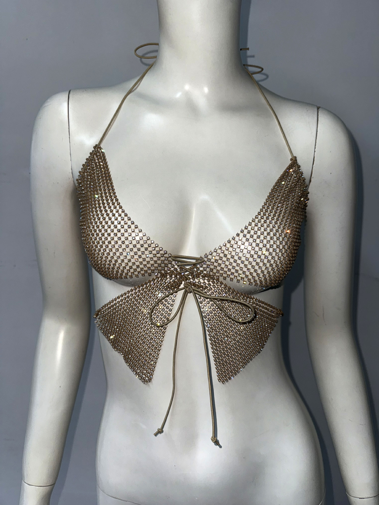 Halter Spaghetti Straps Rhinestone Lace up Vest Sexy Fishnet Rhinestone Sling