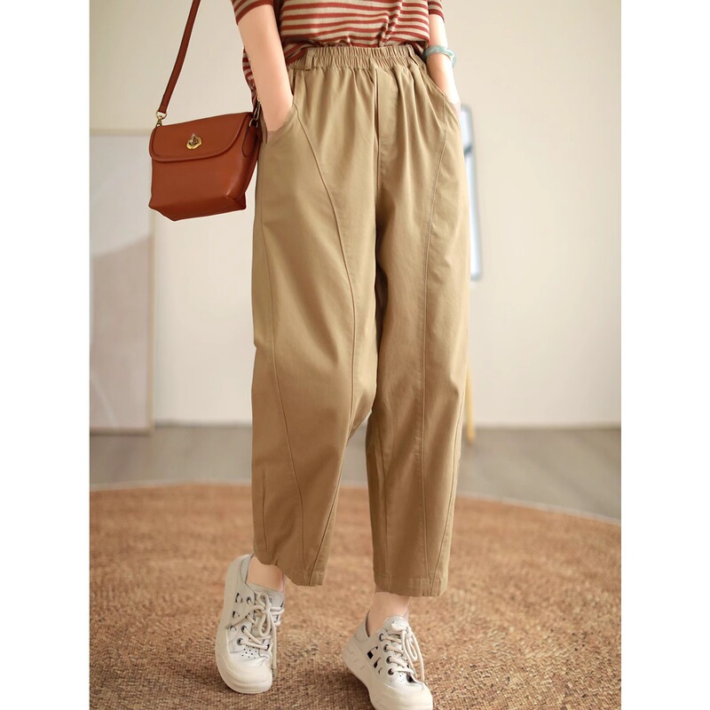 khaki Wash Cotton Casual Pants Women's Spring and Summer New Loose Slim Look Small Nine-point All-match Trendy Harlan Pants