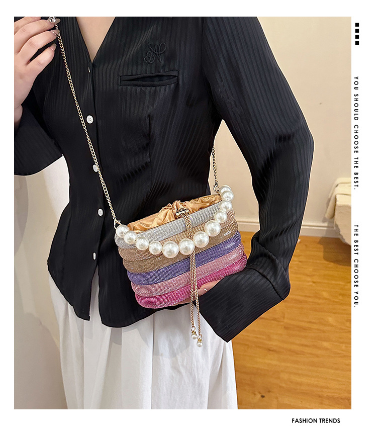 Bolso de lujo con cadena de diamantes y ondas, diseño francés, con diseño de cubo estúpido, brillante, con perlas de hadas y agua_voghion.com