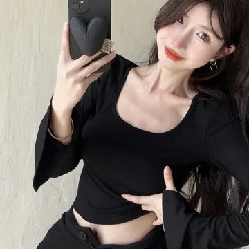 【厂家源头现货直发】长袖T恤纯色前后两穿u领辣妹纯欲内搭上衣