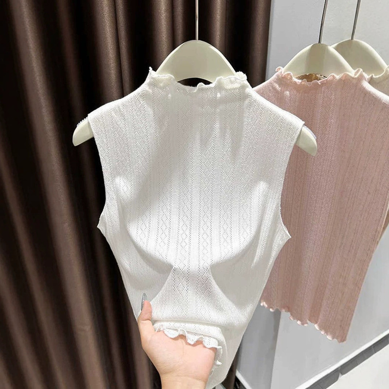 White ruffled half-high collar knitted vest for women, suitable for spring and summer, for layering, with lace trim, sleeveless base shirt top White ruffled half-high collar knitted vest for women, suitable for spring and summer, for layering, with lace trim, sleeveless base shirt top