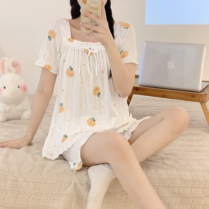 Tronos de algodón de imitación de verano al por mayor transfronterizos, pantalones cortos de manga corta con cuello de una línea, pijamas, tumba de princesa femenina, traje de dibujos animados, servicio a domicilio