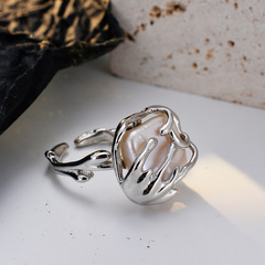 J1304 法式巴洛克珍珠戒指冷淡風高級感開口S925純銀方珠食指戒女