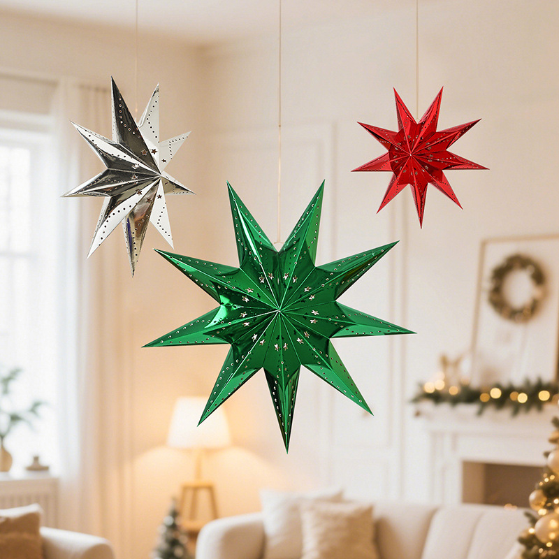 Decoración navideña Estrellas Linterna de papel Iluminación de estrella de cinco puntas Candelabro Árbol de Navidad Decoración navideña Colgante de estrella de nueve puntas