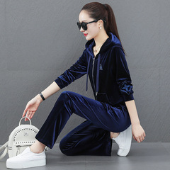金絲絨套裝女春秋2024新款時尚寬鬆顯瘦連帽媽媽裝休閒運動兩件套